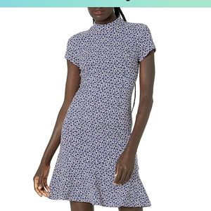 Mock neck short sleeve ruffle hem dress- modest fall wedding guest dress